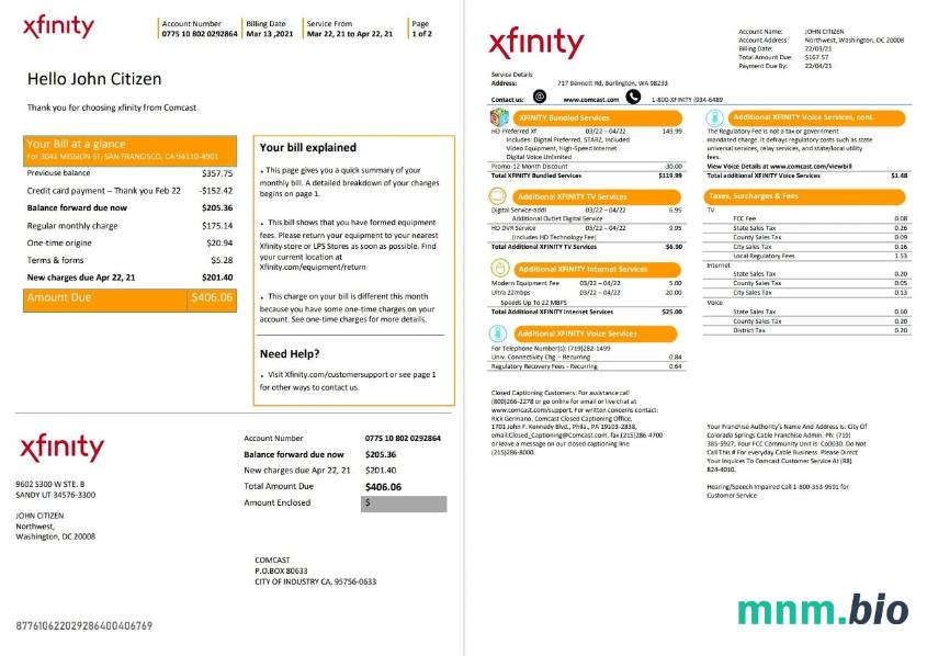 USA San Francisco Xfinity Comcast rachunek za media szablon w formacie Word i PDF (2 strony)
